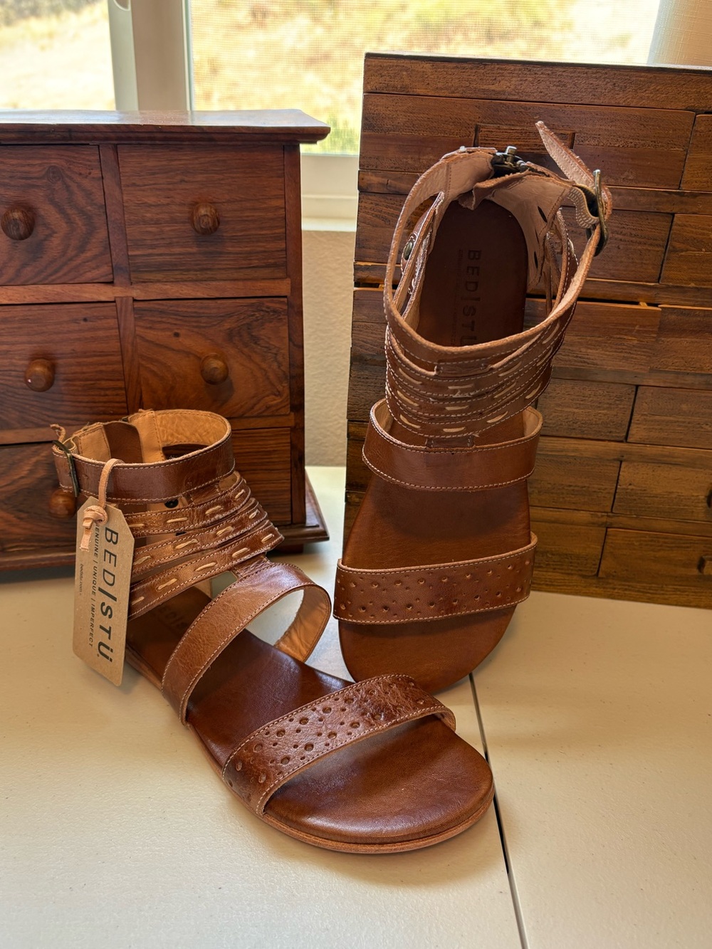 Bed|Stü Artemis strappy leather back-zip sandals NWT cognac size 10